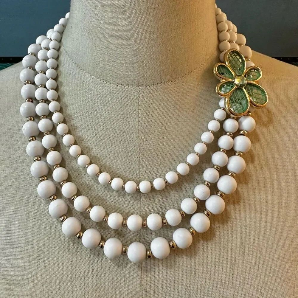 Charming Charlie white beaded green flower multi strand statement necklace